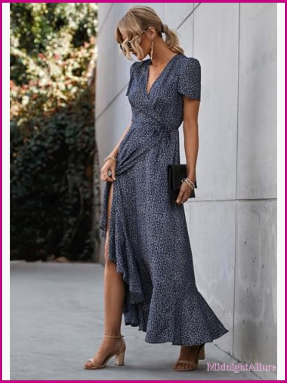 Boho Floral Wrap V Neck Maxi Dress Short Sleeve Flowy Beach Vacation - Picture 5 of 7